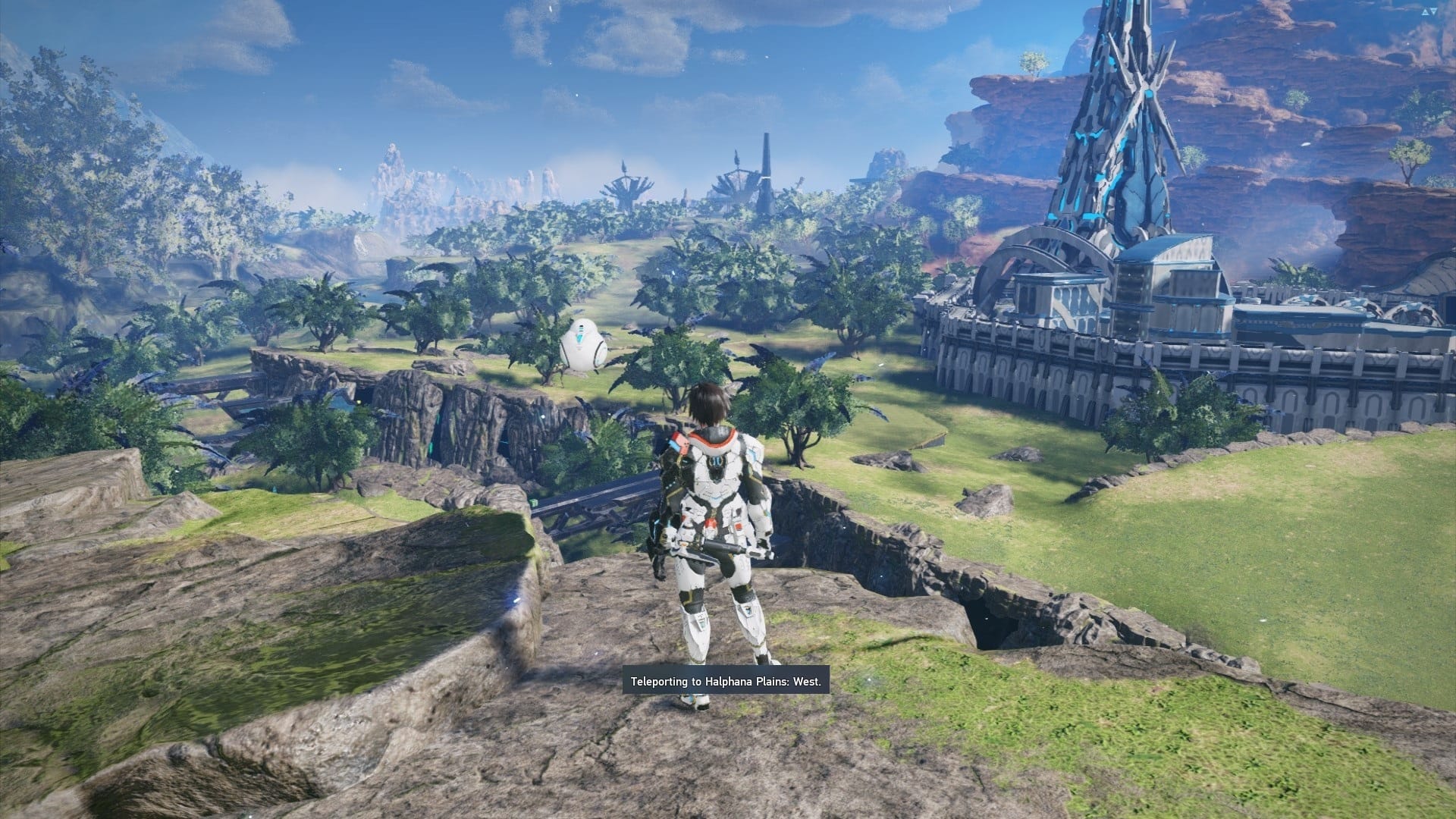 A PSO2:NGS screenshot of CpwninObrien standing on a cliff overlooking Central City.