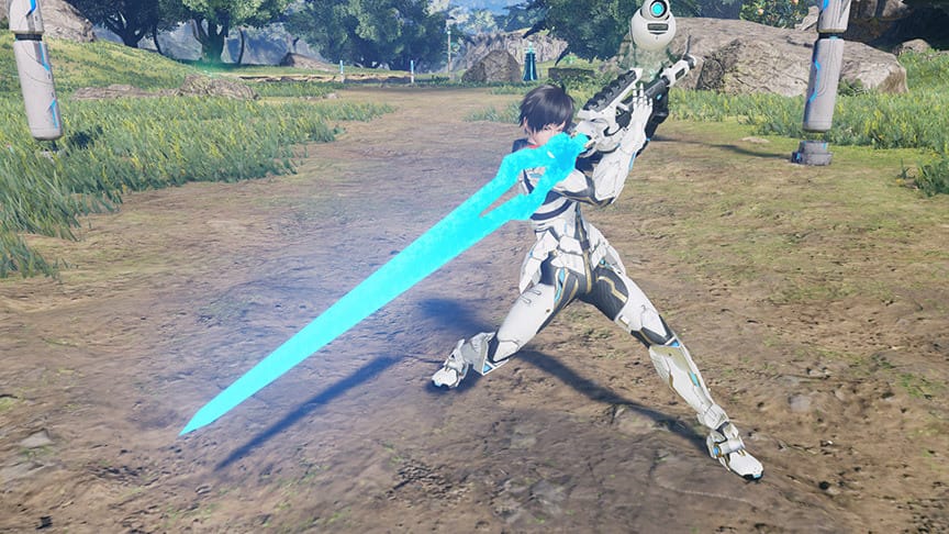 A screenshot of the default PSO2 human hunter holding a sword in a defensive stance.