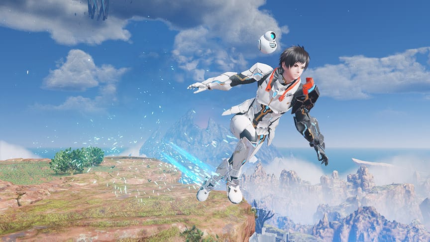 A PSO2:NGS screenshot of CpwninObrien photon gliding through the air.