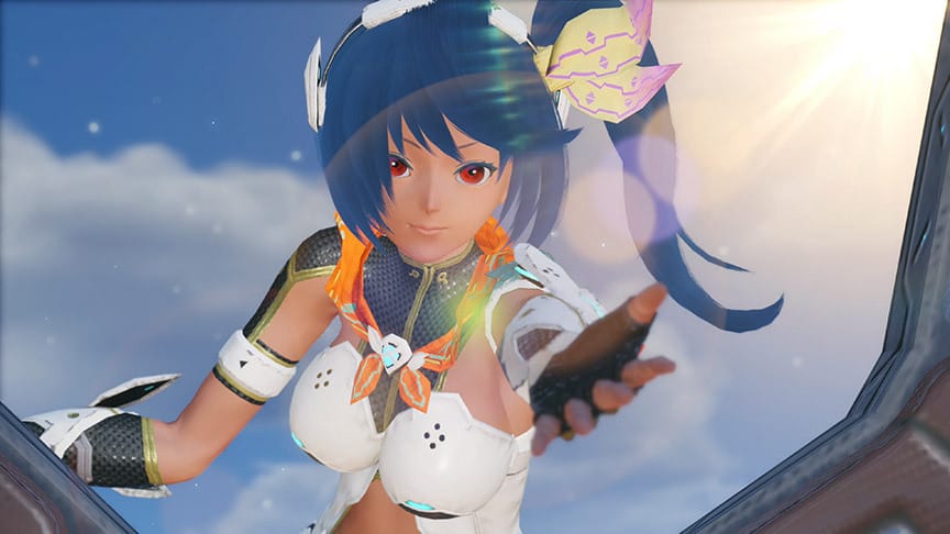 A screenshot of Aina reaching to the player character from a PSO2:NGS cinematic.