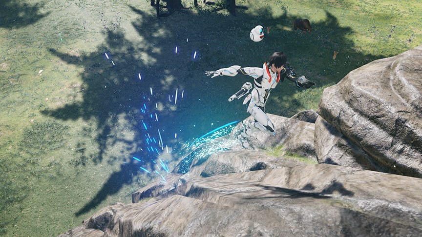 A screenshot of the default human Hunter in PSO2:NGS jumping up a rock face.