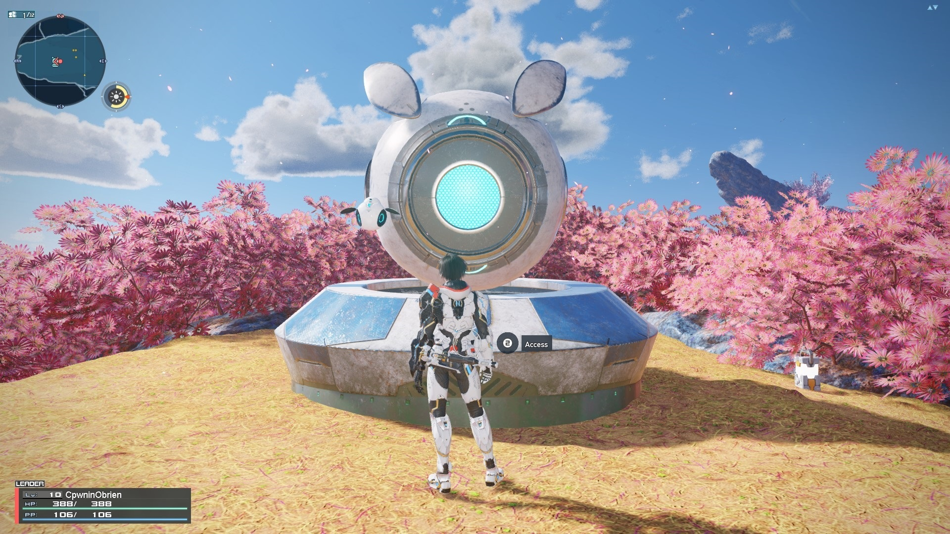 A screenshot of CpwninObrien standing in front of a Region Mag in PSO2:NGS.