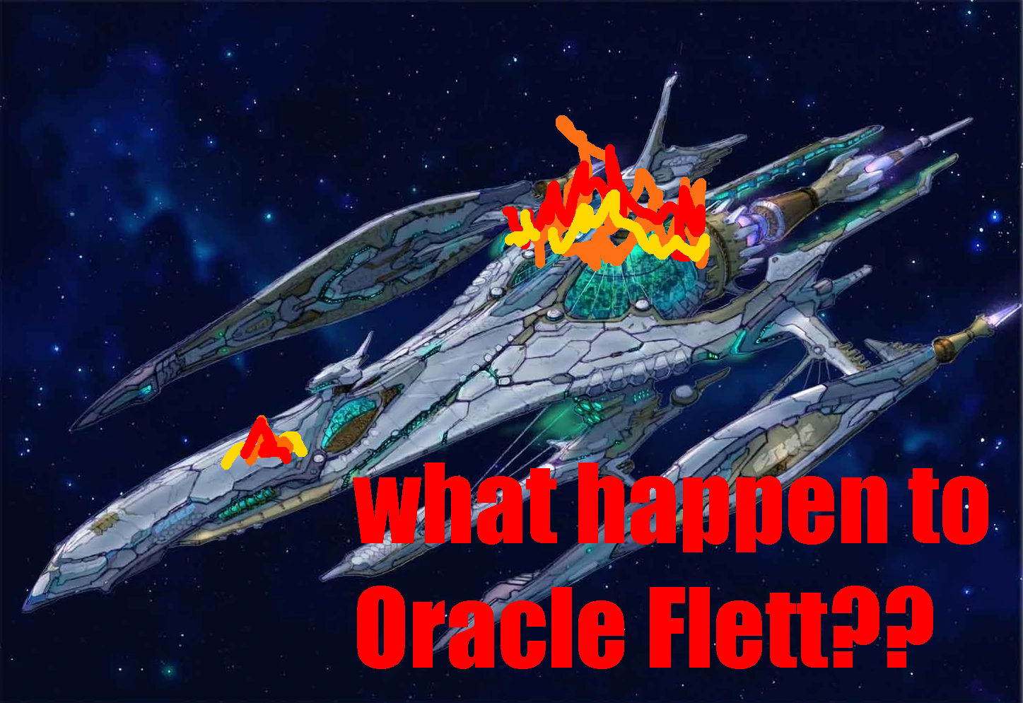 A picture of the capital ship of the Oracle fleet from PSO2 with crudely drawn fire effects added and text reading "what happen to Oracle Flett??"