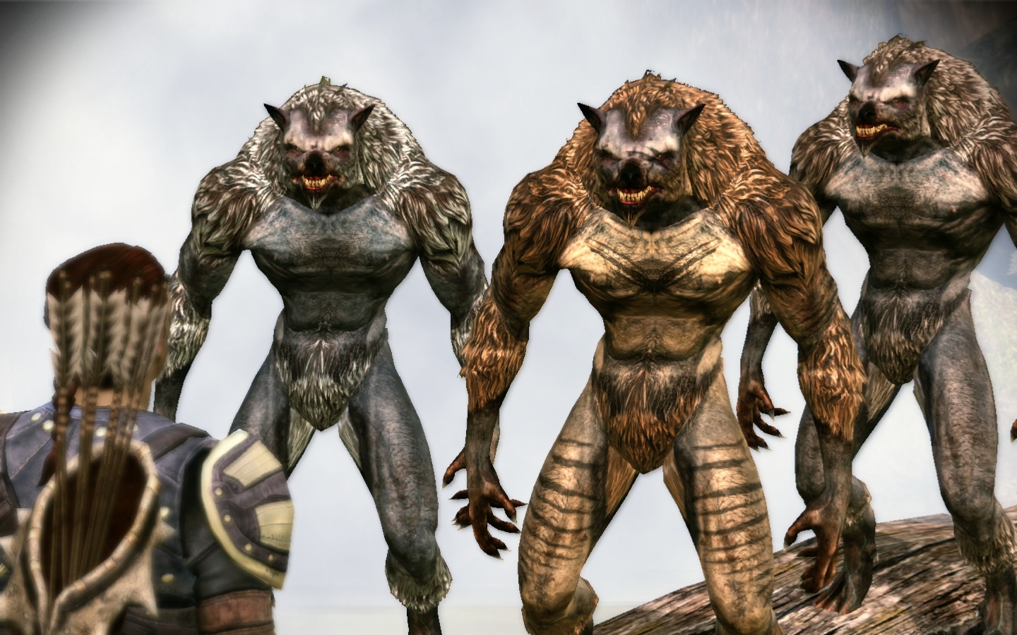 A screenshot from Dragon Age Origins of 3 very big and very naked werewolves with large...claws.