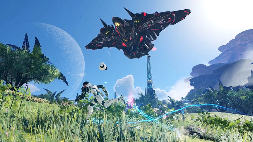 A screenshot from PSO2: NGS of a giant flying enemy and the default human hunter character photon dashing beneath.